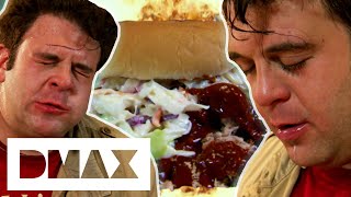 Adam Struggles To Finish A Pork Sandwich Drenched In Habanero Sauce  Man V Food [upl. by Lleynod]