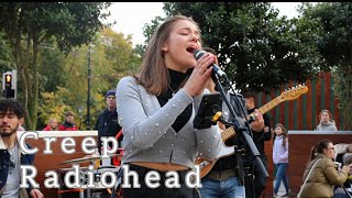 CROWDED STREET STOP IN AMAZEMENT  Radiohead  Creep  Allie Sherlock amp The 3 Busketeers [upl. by Daenis]