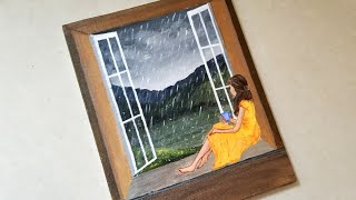 Girl sitting on window in the rain scenery drawing amp Painting  Easy rainy season scenery drawing [upl. by Sevein]