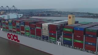 Worlds Largest Container Ship OOCL HONG KONG Maidens At Felixstowe UKUp Close Drone Footage [upl. by Ruhtracam]