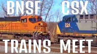 BNSF Train Meets CSX Train Head On [upl. by Ojeillib]