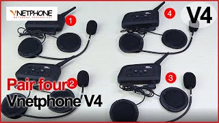 VNETPHONE V4  Pair four V4 motorcycle helmets bluetooth intercom [upl. by Lemrej]