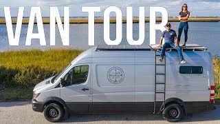 DIY VAN TOUR  FullTime Travel Couple  Shower Roof Deck and Convertible Bed  Van Life [upl. by Idnil]