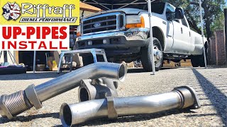 2001 F350 73  RiffRaff UpPipes Install  Stock up pipes leaking and falling apart JUNK SP [upl. by Notfilc]