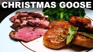 Roast goose with Christmas spices black cherry gravy goosefat roast potatoes and mustard greens [upl. by Widera313]