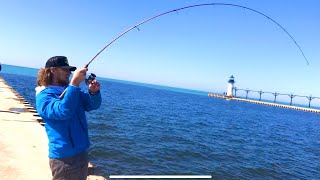 Pier Fishing Lake Michigan SALMON  Unexpected MASSIVE CATCH [upl. by Victorine]