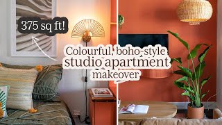 375 Sq Ft Studio Apartment Makeover COLOURFUL BOHO STYLE [upl. by Iduj]