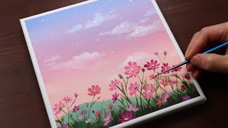 Cosmos Flowers  Landscape  Easy acrylic painting for beginners  PaintingTutorial  Painting ASMR [upl. by Enelyaj]