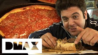 Adam Devours 2 Chicago Style Dishes The Italian Beef Sandwich And Deep Dish Pizza  Man V Food [upl. by Gnik]