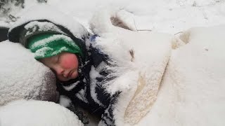 Winter Survival Camping with 4 yr old in Alaska  Primitive Survival Shelter [upl. by Apul]